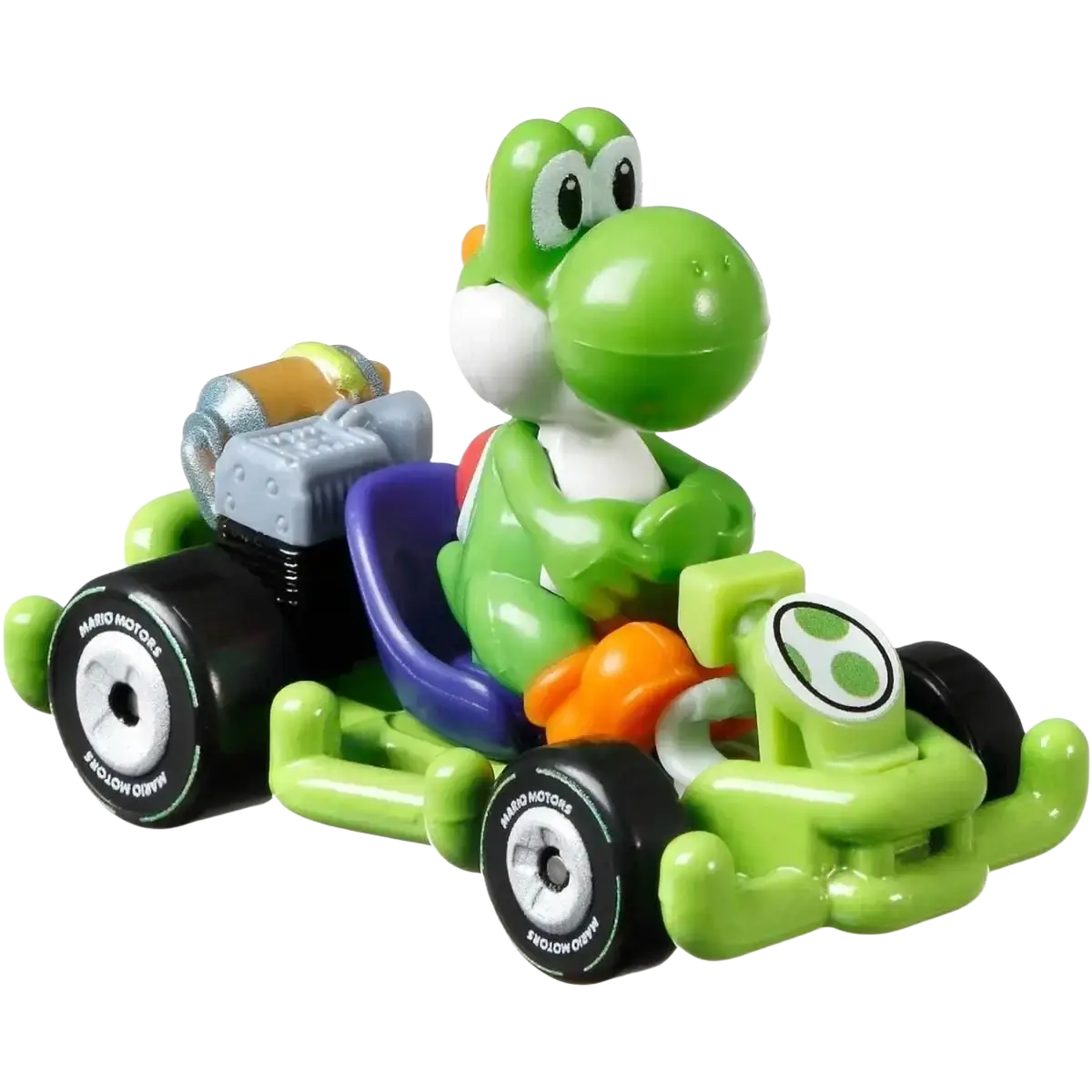 Green yoshi toy car with white face and black wheels, inspired by nintendo’s mario kart series.