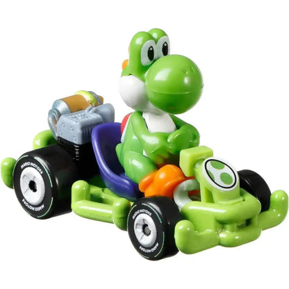 Green yoshi toy car with white face and black wheels, inspired by nintendo’s mario kart series.