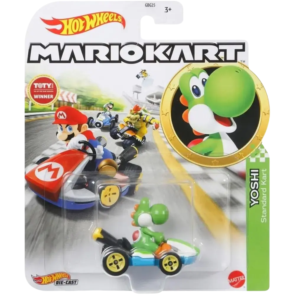 Hot Wheels Mario Kart Yoshi Standard Kart toy car.