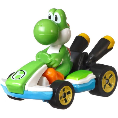Green dinosaur toy in a racing car, yellow wheels and handlebars, plastic material.