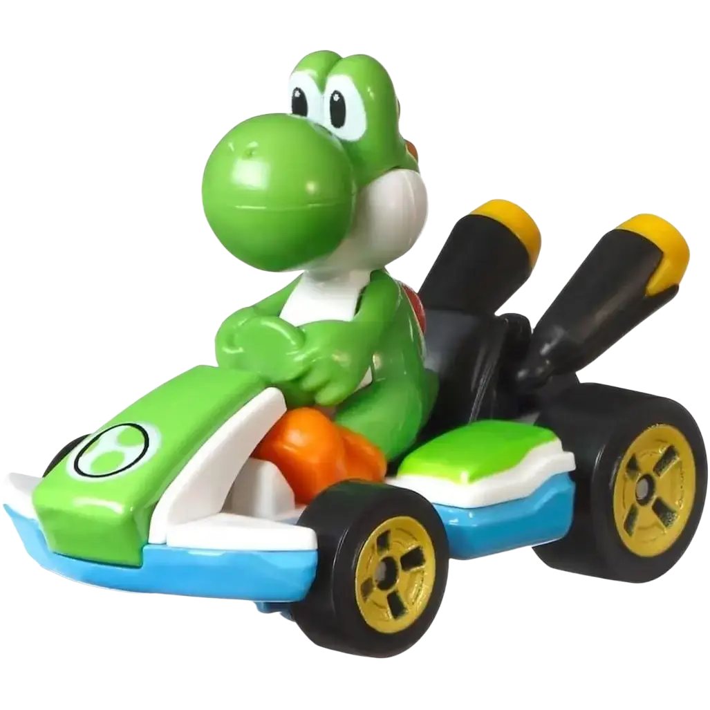Green dinosaur toy in a racing car, yellow wheels and handlebars, plastic material.