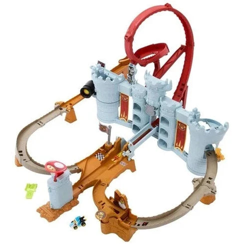 Hot wheels castle-themed track set with colorful tracks and accessories.