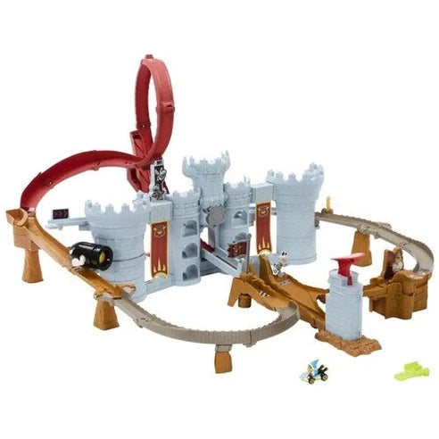 Hot wheels castle track set with red and gray elements, wooden details.