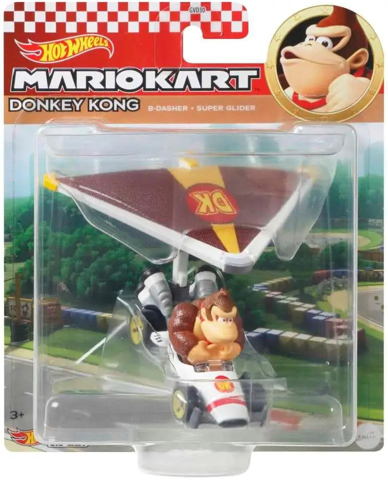 Donkey kong in a white and red hot wheels mario kart b-dasher with yellow wheels and dk parachute on the back