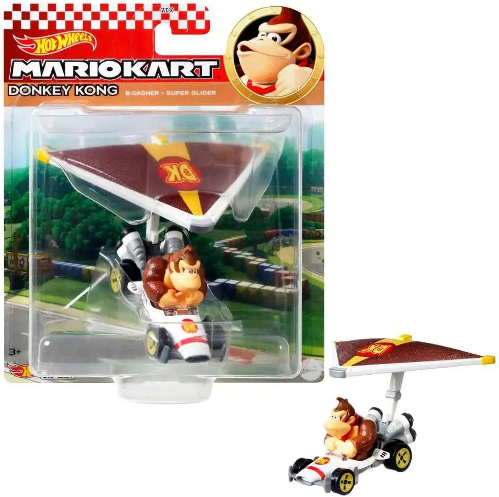 Donkey Kong in a white and red kart with yellow wheels and a brown gold winged glider from Hot Wheels Mario Kart