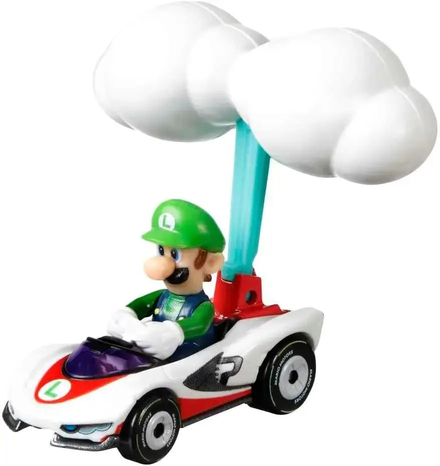 Green-capped luigi in a white red and black hot wheels mario kart racing car with cloud glider propeller on top