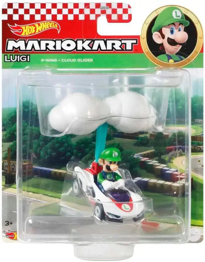 Hot Wheels Mario Kart Luigi P-Wing cloud glider toy car in white and red with green cap and blue pole cloud gliders