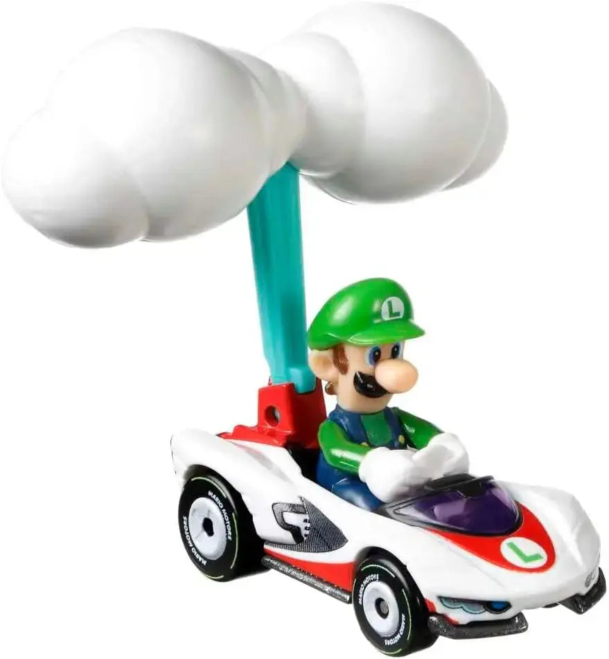 Hot wheels mario kart luigi p-wing cloud glider racing kart in white red with teal cloud antenna and green accents