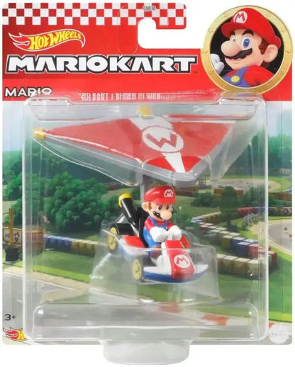 Hot wheels mario kart mario standard kart super glider toy car in red and blue with red wing and w logo in clear plastic packaging