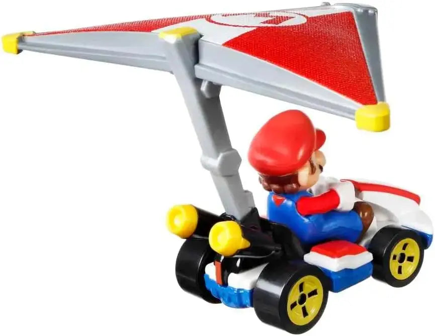 Hot wheels mario kart mario standard kart super glider toy in red white blue plastic with gray and red winged canopy