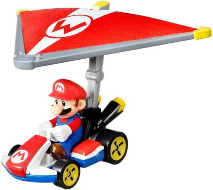 Hot wheels mario kart plastic toy standard kart super glider in red white and blue with red wing and w logo