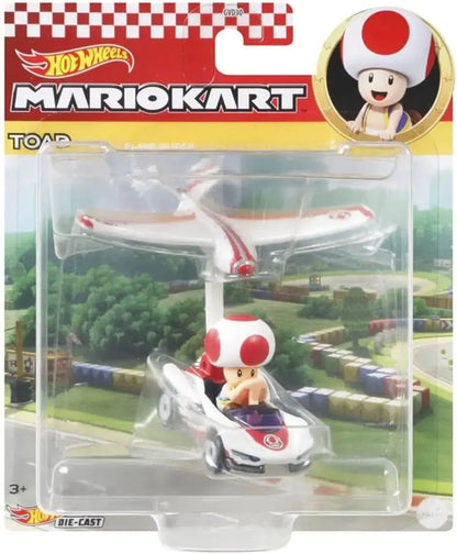 White and red die-cast toad kart with p-wing plane glider from hot wheels mario kart series for collectors and racing fans