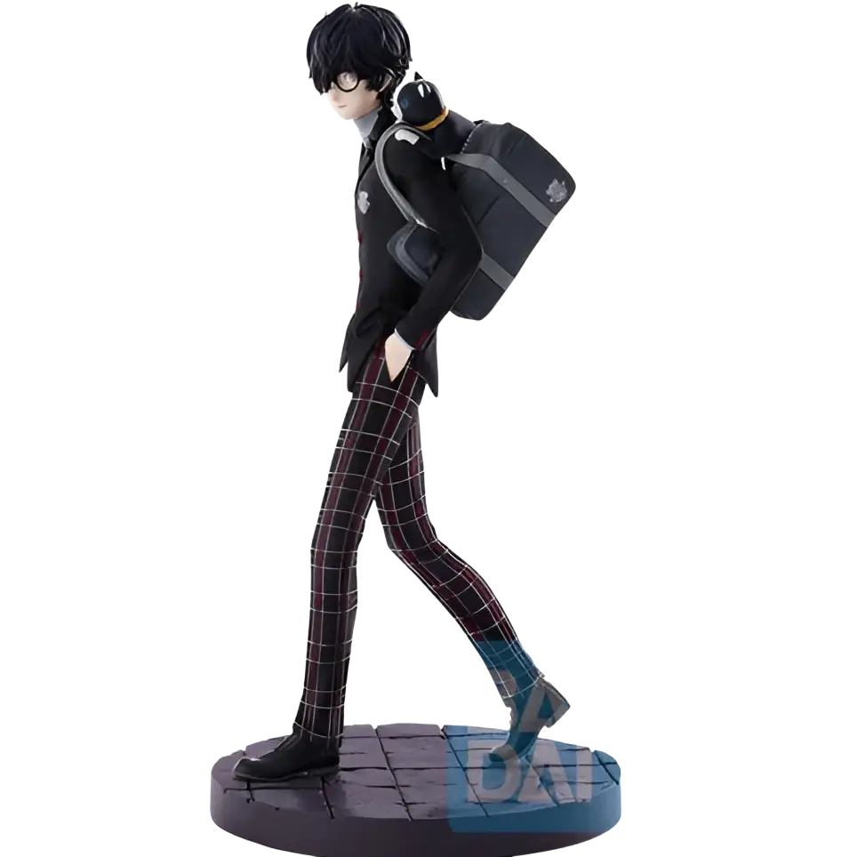 Ichibansho persona 5 royal protagonist figure in black suit with red and white plaid trousers carrying gray backpack