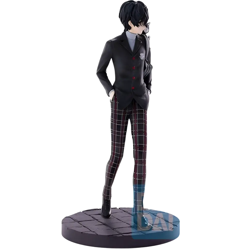 Black and red plaid pants with subtle sheen paired with black suit jacket with red buttons ichibansho persona 5 royal protagonist figure phantom thieves