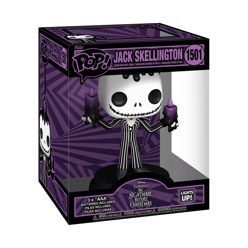Jack Skellington Light-Up Super Funko Pop! #1501 by Funko, holding two purple candelabras, in box from The Nightmare Before Christmas.
