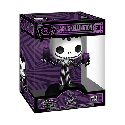 Jack Skellington Light-Up Super Funko Pop! #1501 by Funko, holding two purple candelabras, in box from The Nightmare Before Christmas.