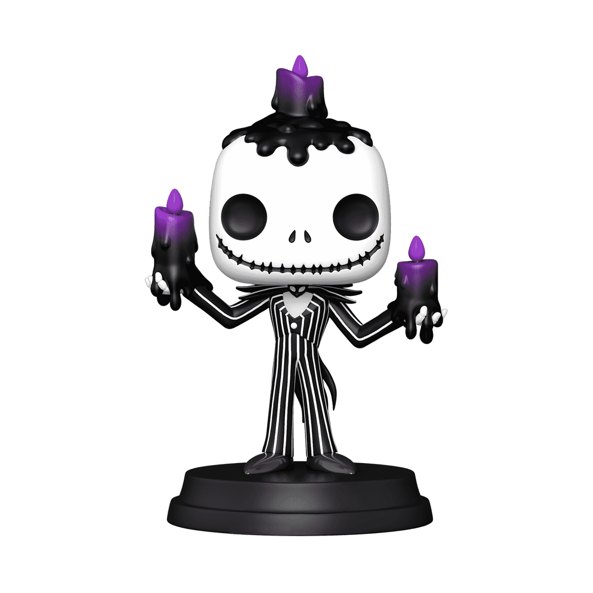 Jack Skellington Light-Up Super Funko Pop! #1501 holding purple candles with black melted wax, on a base.