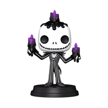 Jack Skellington Light-Up Super Funko Pop! #1501 holding purple candles with black melted wax, on a base.