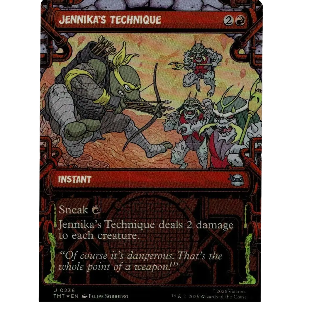 A red-bordered teenage mutant ninja turtles technique foil trading card featuring jennika aiming a bow at enemies