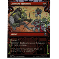 A red-bordered teenage mutant ninja turtles technique foil trading card featuring jennika aiming a bow at enemies
