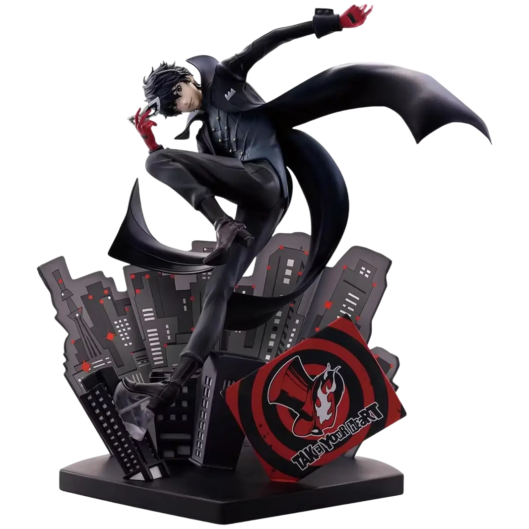 Black and red ichibansho figure of Joker from Persona 5 Royal in dynamic pose with flowing cape for phantom thieves fans
