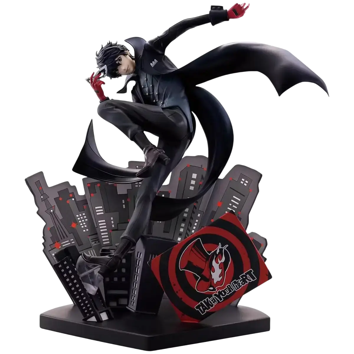 Black and red ichibansho figure of Joker from Persona 5 Royal in dynamic pose with flowing cape for phantom thieves fans