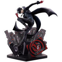 Black and red ichibansho figure of Joker from Persona 5 Royal in dynamic pose with flowing cape for phantom thieves fans