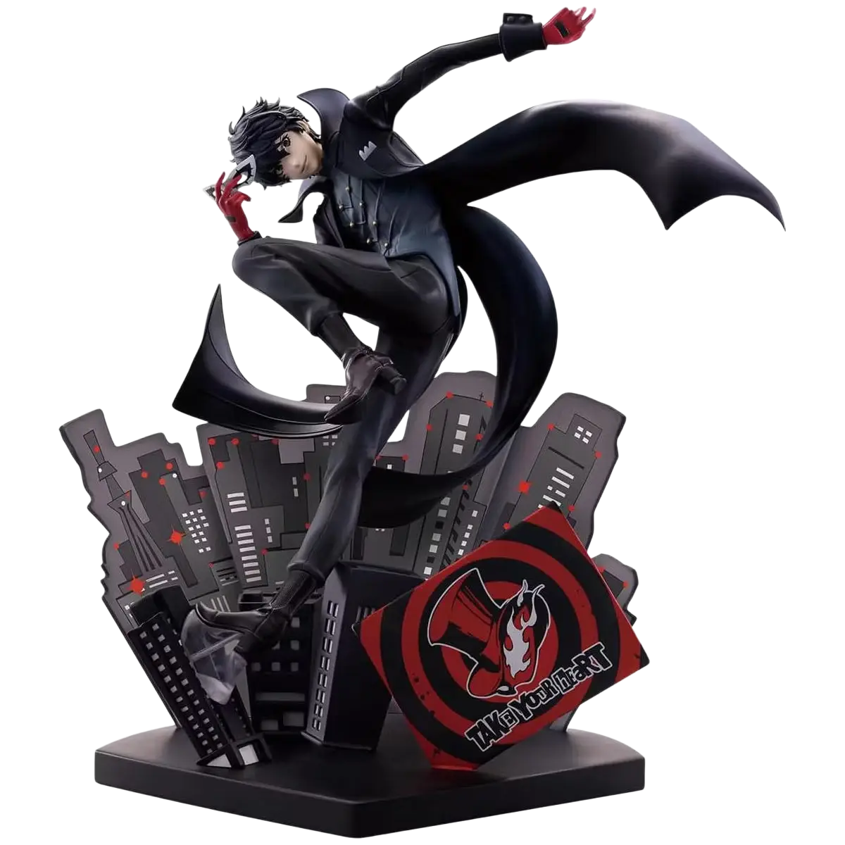 Black and red ichibansho figure of Joker from Persona 5 Royal in dynamic pose with flowing cape for phantom thieves fans