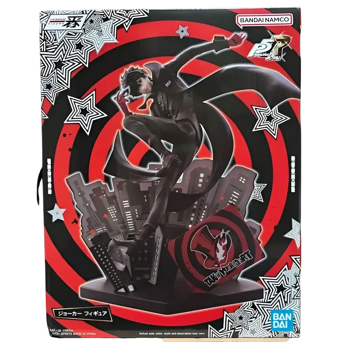 Black vinyl ichibansho figure of joker from persona 5 royal posed atop stylized city buildings for phantom thieves collection