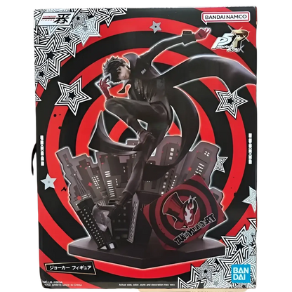 Black vinyl ichibansho figure of joker from persona 5 royal posed atop stylized city buildings for phantom thieves collection