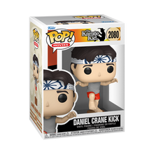 Karate Kid Daniel Crane Kick Funko Pop #2080 vinyl figure in box, featuring Daniel LaRusso in his iconic crane kick pose.