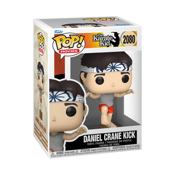 Karate Kid Daniel Crane Kick Funko Pop #2080 vinyl figure in box, featuring Daniel LaRusso in his iconic crane kick pose.