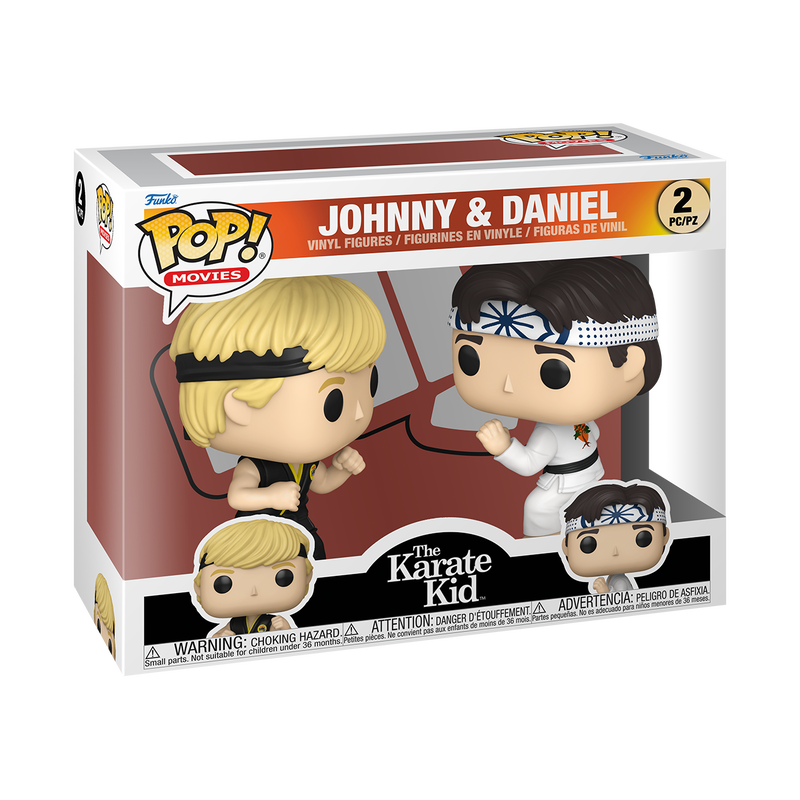 Funko Pop The Karate Kid Johnny & Daniel 2-pack vinyl figures in box, featuring Johnny in black gi and Daniel in white gi.