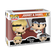 Funko Pop The Karate Kid Johnny & Daniel 2-pack vinyl figures in box, featuring Johnny in black gi and Daniel in white gi.
