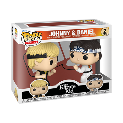 Funko Pop The Karate Kid Johnny & Daniel 2-pack vinyl figures in box, featuring Johnny in black gi and Daniel in white gi.