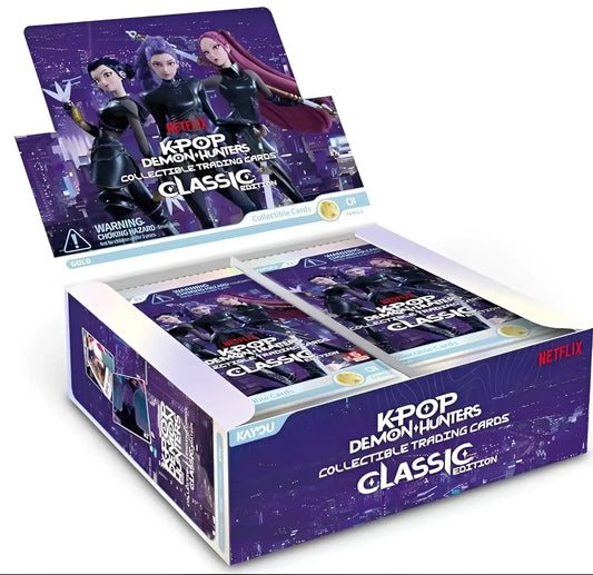 Purple and black kpop demon hunters classic edition collectible cards booster box with glossy finish and 20 packs