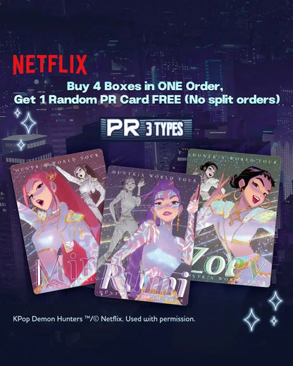 Three collectible pr cards from kpop demon hunters classic edition featuring vibrant animated character designs