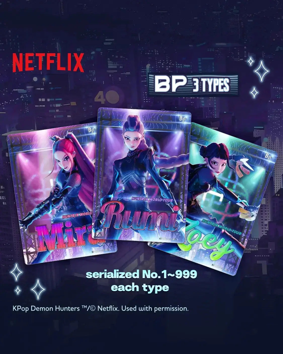 Three glossy neon-lit kpop demon hunters collectible cards with vibrant colors from classic edition booster box