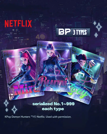 Three glossy neon-lit kpop demon hunters collectible cards with vibrant colors from classic edition booster box