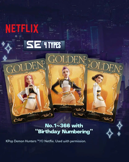 Golden-themed kpop demon hunters collectible cards featuring anime-style female characters in glamorous outfits classic edition
