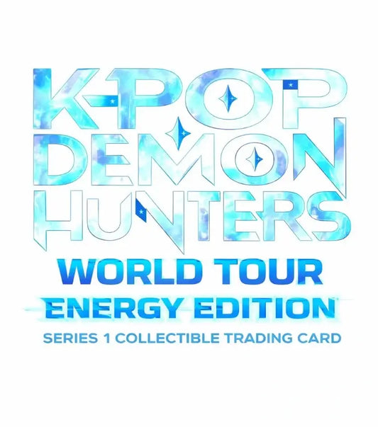 Ice-blue kpop demon hunters logo with sparkling diamond accents on energy edition trading card pack for world tour use