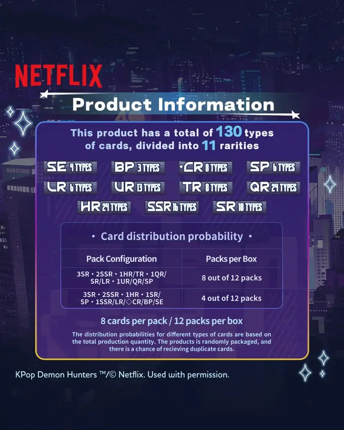 Purple digital display showing netflix product information for kpop demon hunters energy edition trading card packs
