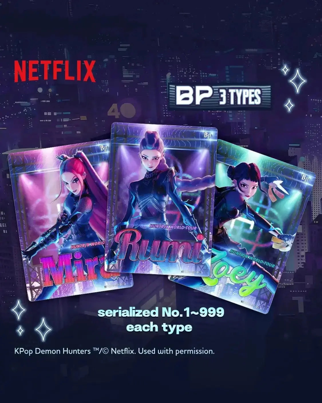 Three glossy neon-lit kpop demon hunters collectible trading cards with vibrant colors from energy edition series 1 packs