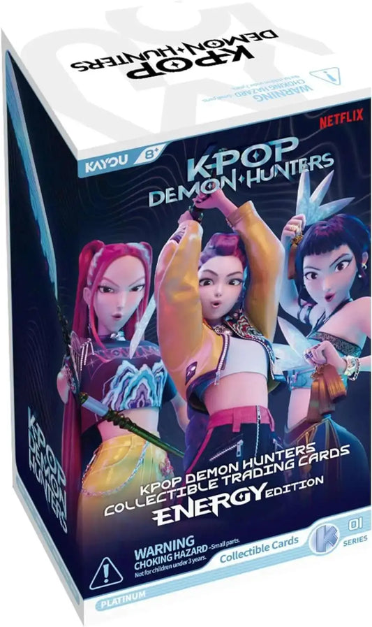 The box for kpop demon hunters energy edition series 1 trading cards features anime characters with bold white and blue text