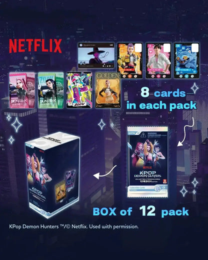 Black and white cardboard box with colorful kpop demon hunters character artwork for energy edition trading card packs