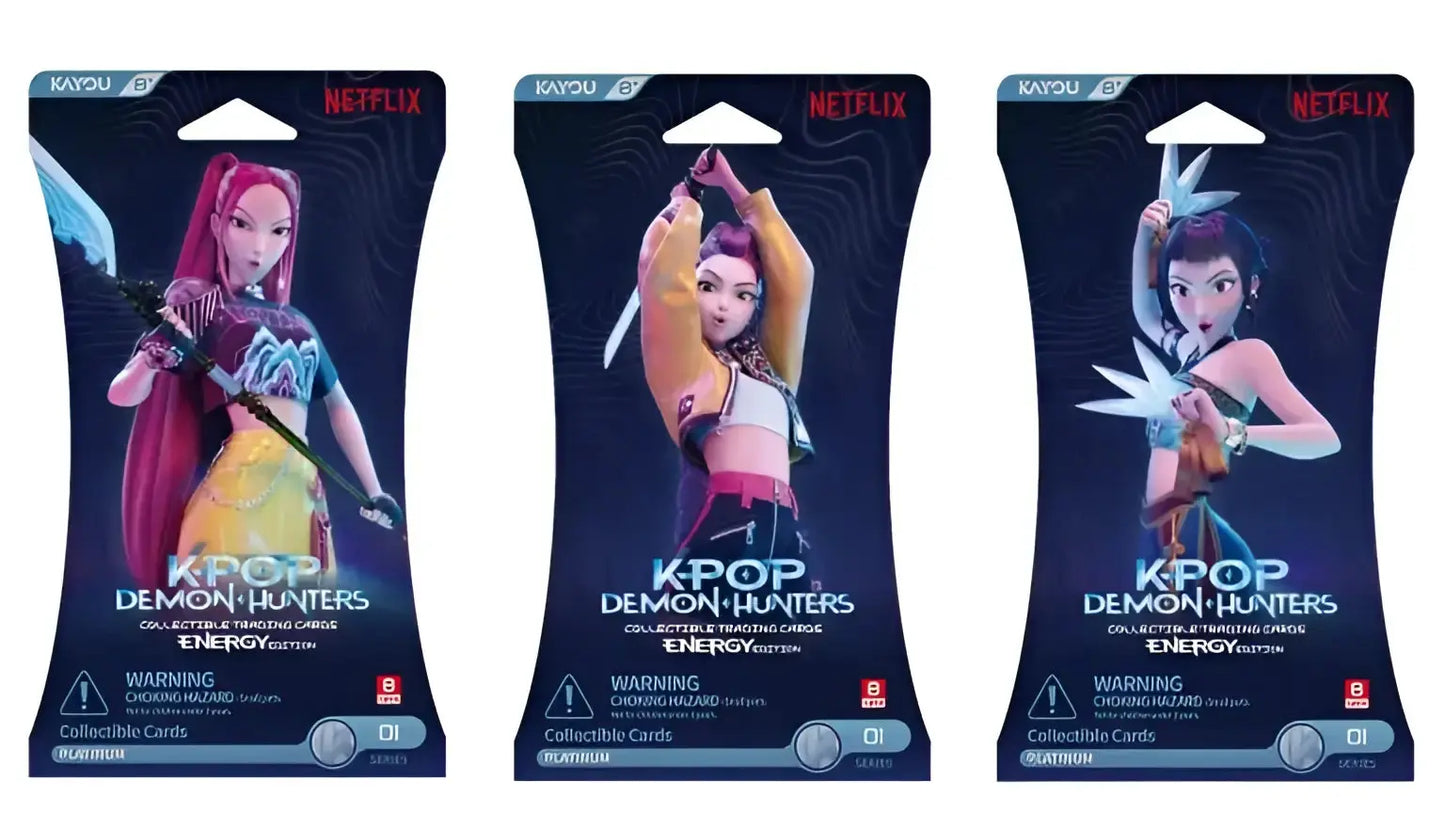 Three kpop demon hunters collectible trading cards in vibrant costumes on dark blue netflix packaging from series 1