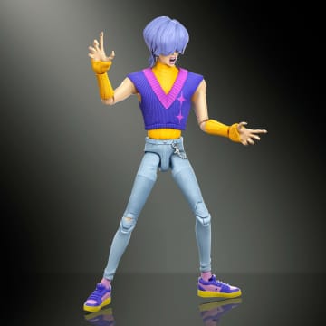 KPop Demon Hunters Saja Boys Mystery Soda Pop Action Figure with purple hair, yellow and purple top, light blue ripped jeans.