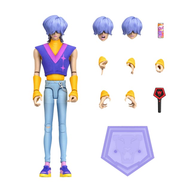 KPop Demon Hunters Saja Boys Mystery Soda Pop Action Figure with interchangeable heads, hands, soda can, light stick, and display stand.