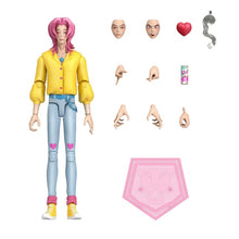 KPop Demon Hunters Saja Boys Romance Soda Pop Action Figure with pink hair, yellow shirt, blue jeans, and interchangeable parts.