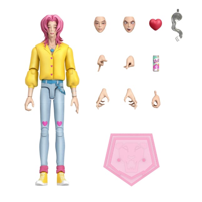 KPop Demon Hunters Saja Boys Romance Soda Pop Action Figure with pink hair, yellow shirt, blue jeans, and interchangeable parts.